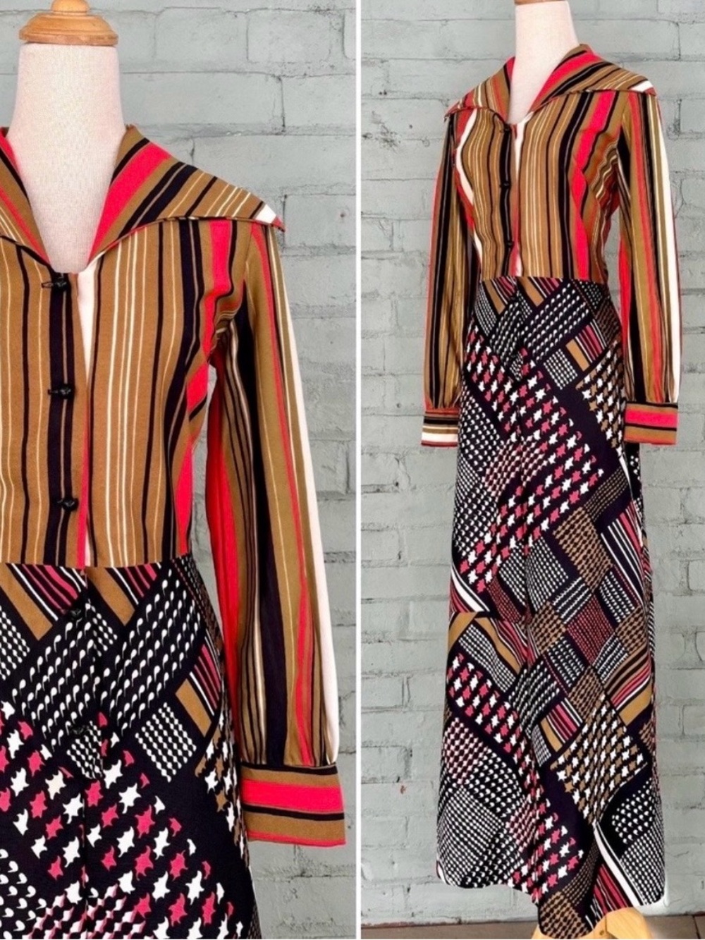 Vintage 70s Striped Patchwork Pattern Maxi Dress